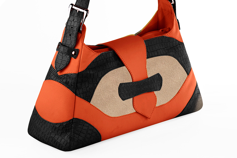 Dress handbag in satin black, tan beige and clementine orange leather - Front view